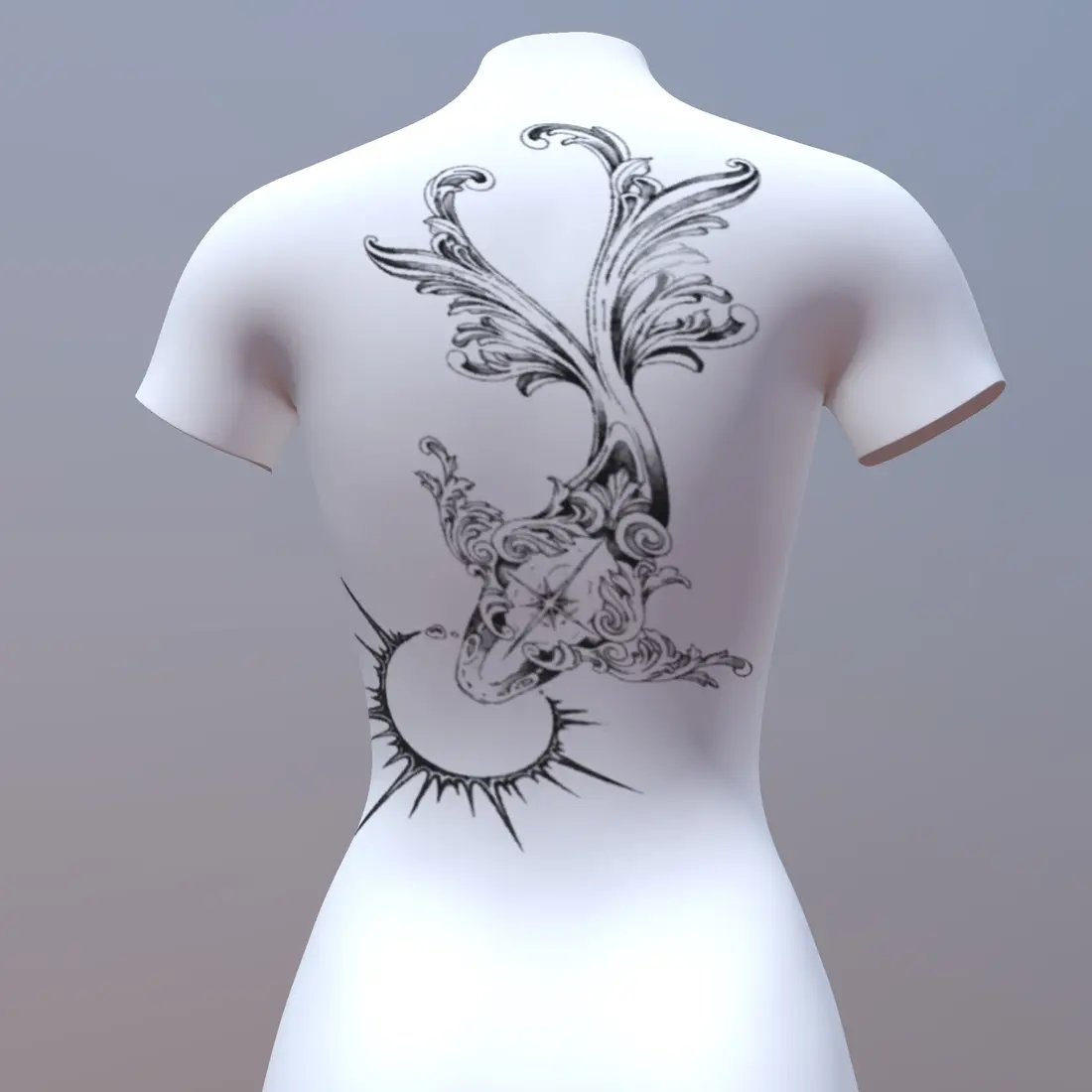 Proiect de tatuaj pe spate: ornament baroc cu busolă și soare, previzualizat 3D