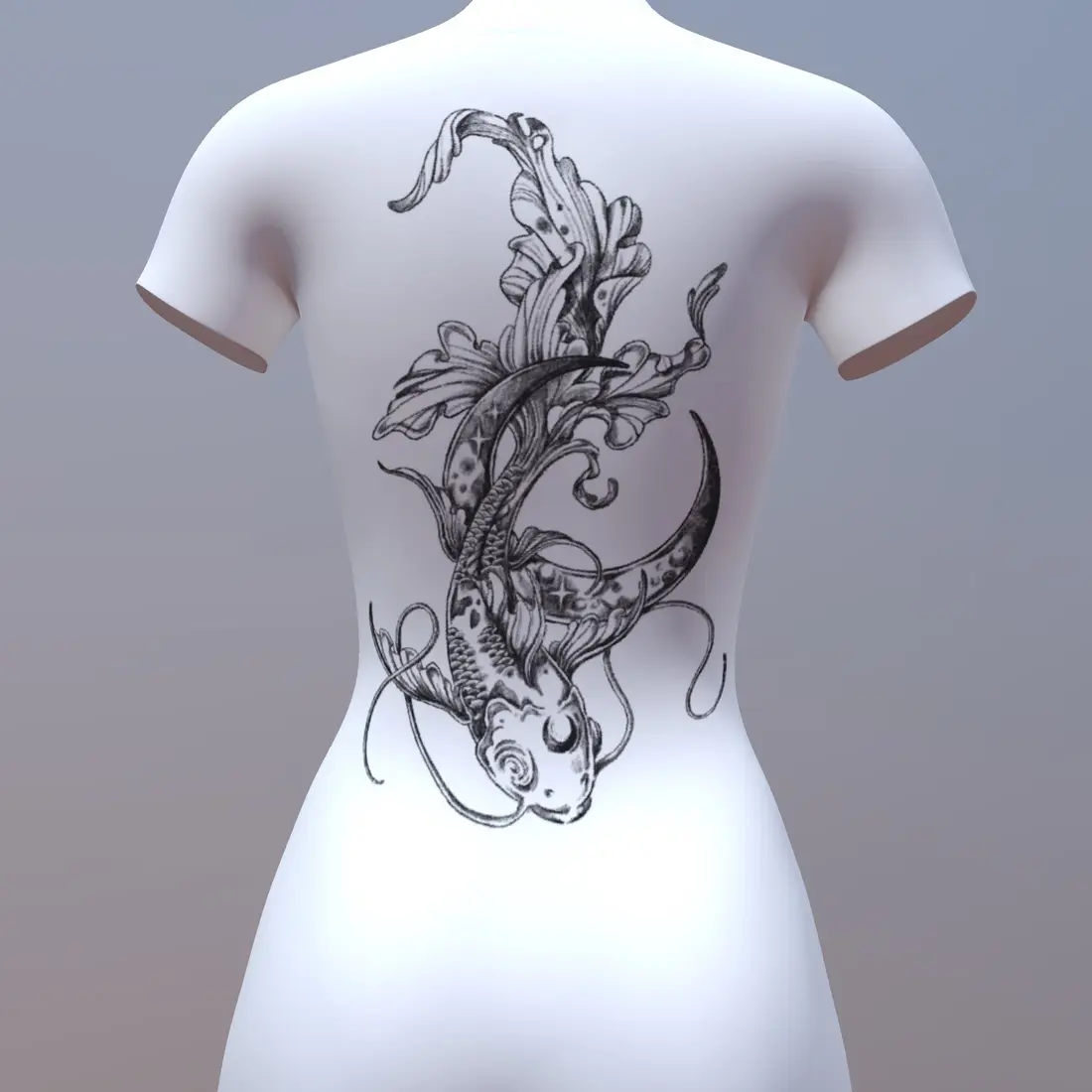 Proiect de tatuaj pe spate: koi, semilună și ornamente baroce, previzualizat 3D